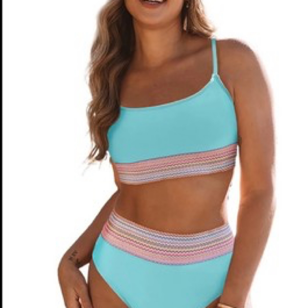 SHEIN Two Piece Swimsuit Sky Blue Patchwork High Waist Size Medium
